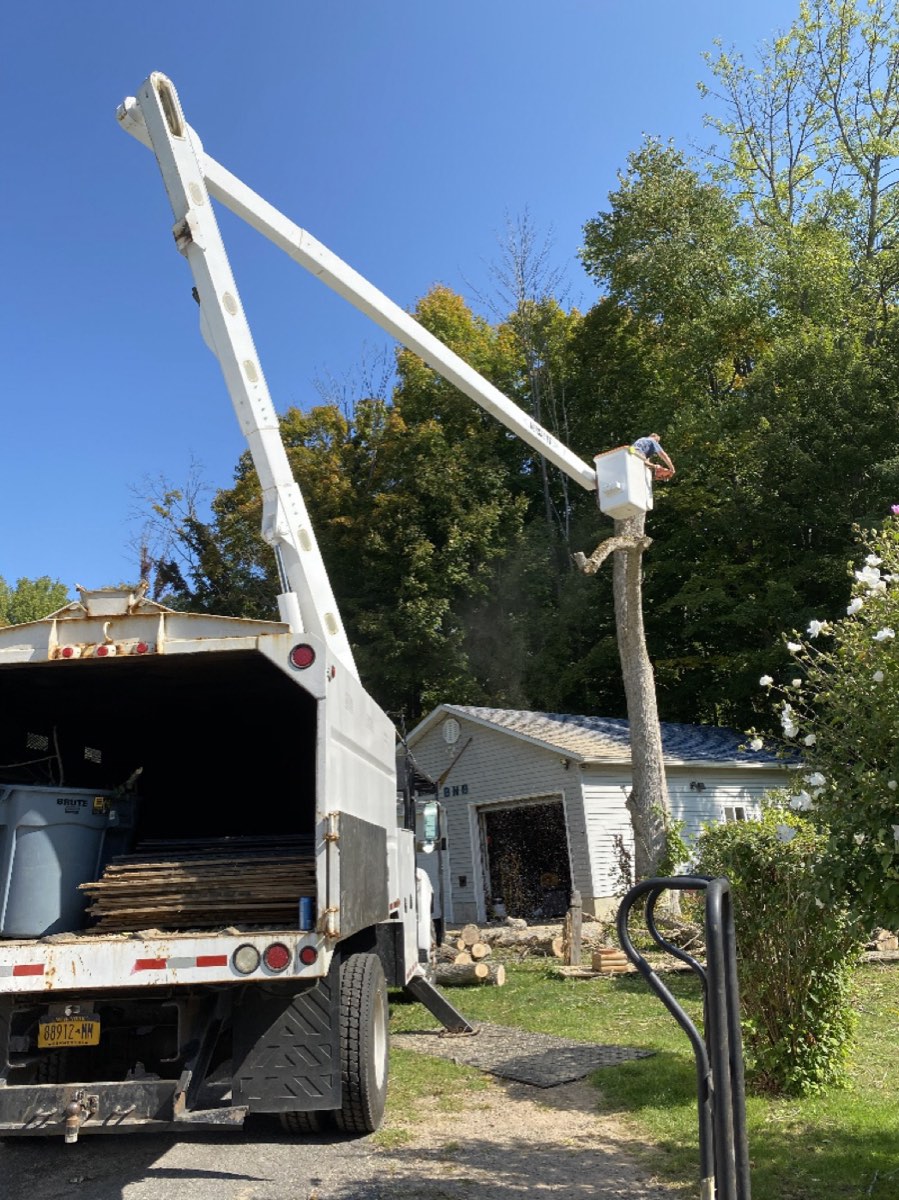 Bucket-truck boom extended to a trunk beside a garage