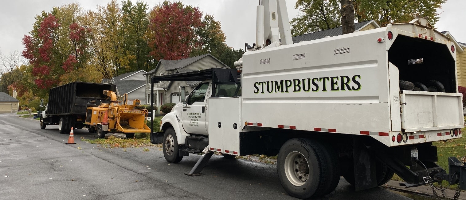The Stumpbusters bucket truck and chipper at a Central New York job site